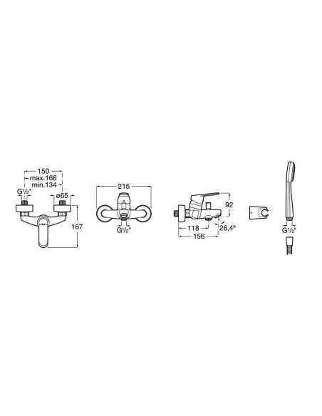 Grifo de baño-ducha ALFA ROCA. Medidas